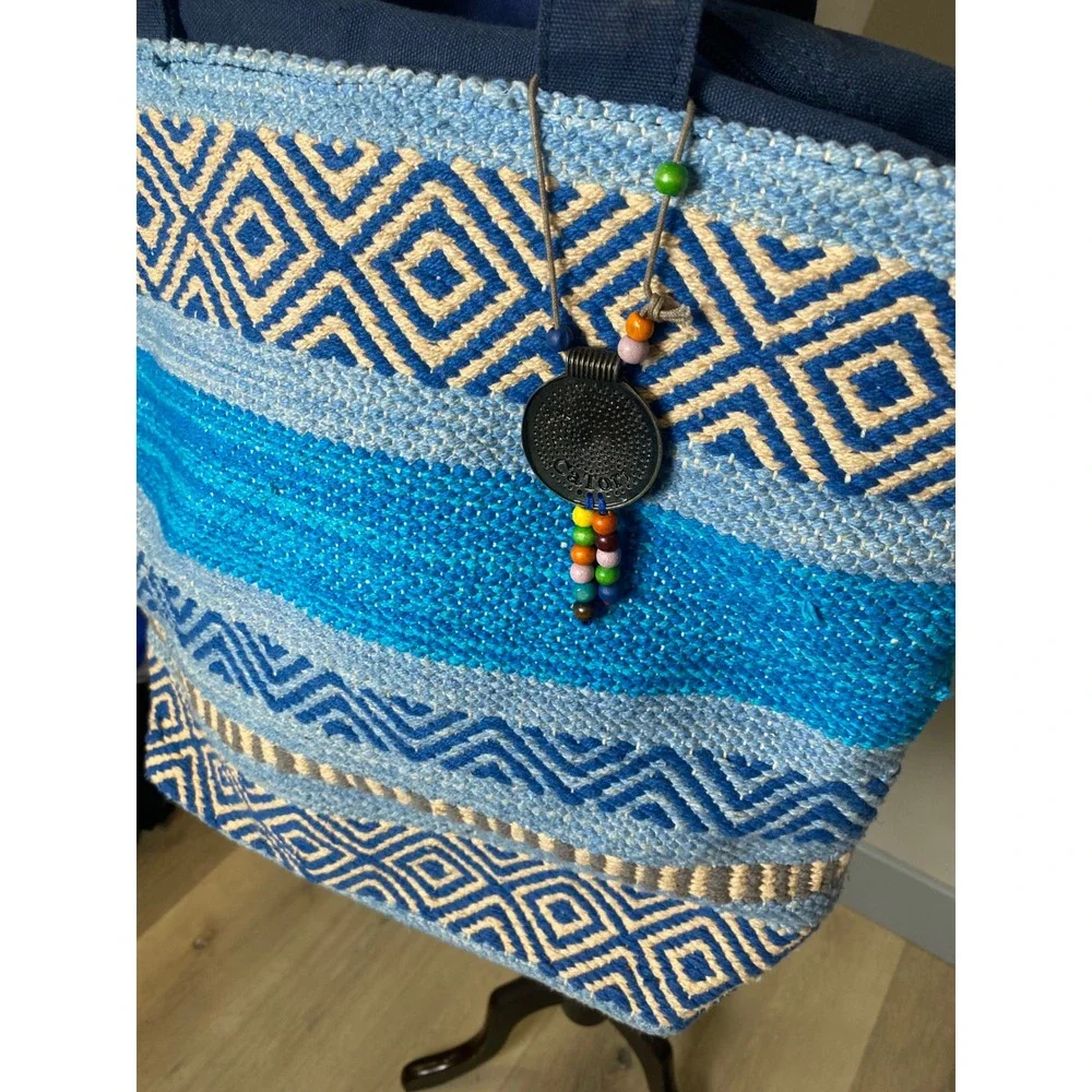 Catori Sun N Sand Blue Woven Geometric Tote Bag 90s Y2K Boho Shoulder Bag